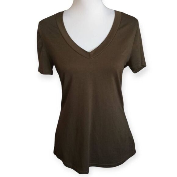 AMAZON ARMY GREEN V-NECK FITTED T-SHIRT SZ.L EUC. - Picture 2 of 7